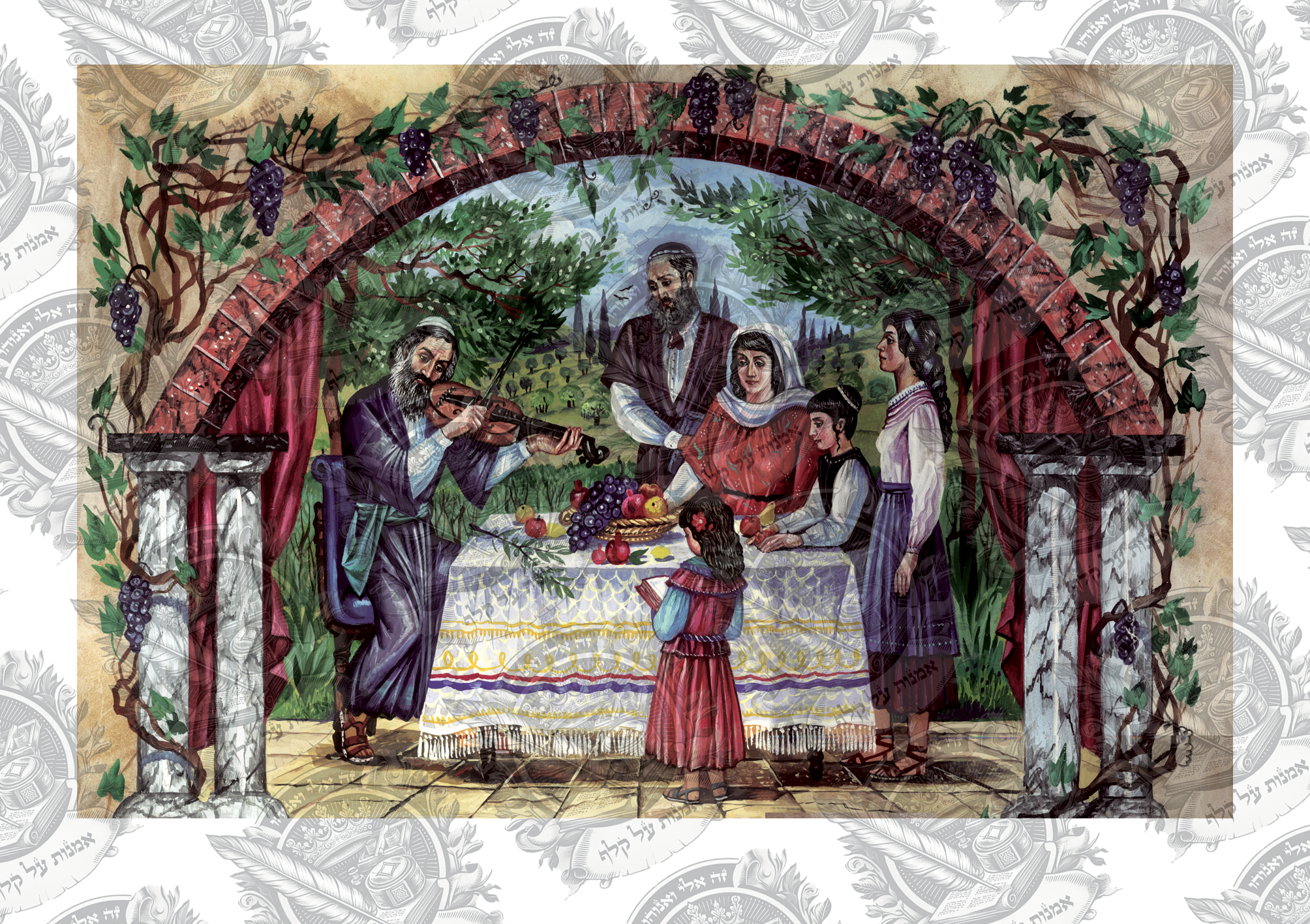 ציור של סדר טו בשבט מודפס על קלף