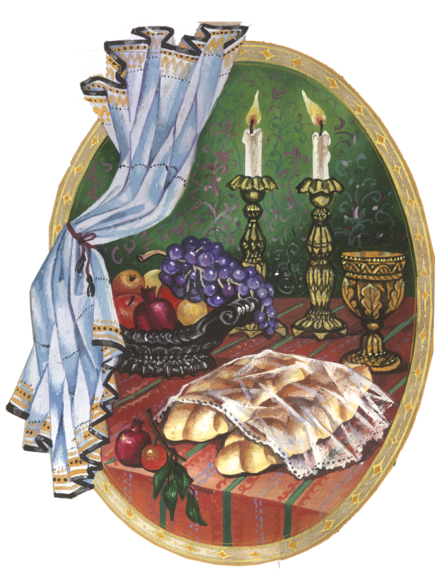 שולחן שבת, הדפסה על קלף, תמונות יודאיקה, אמנות יהודית