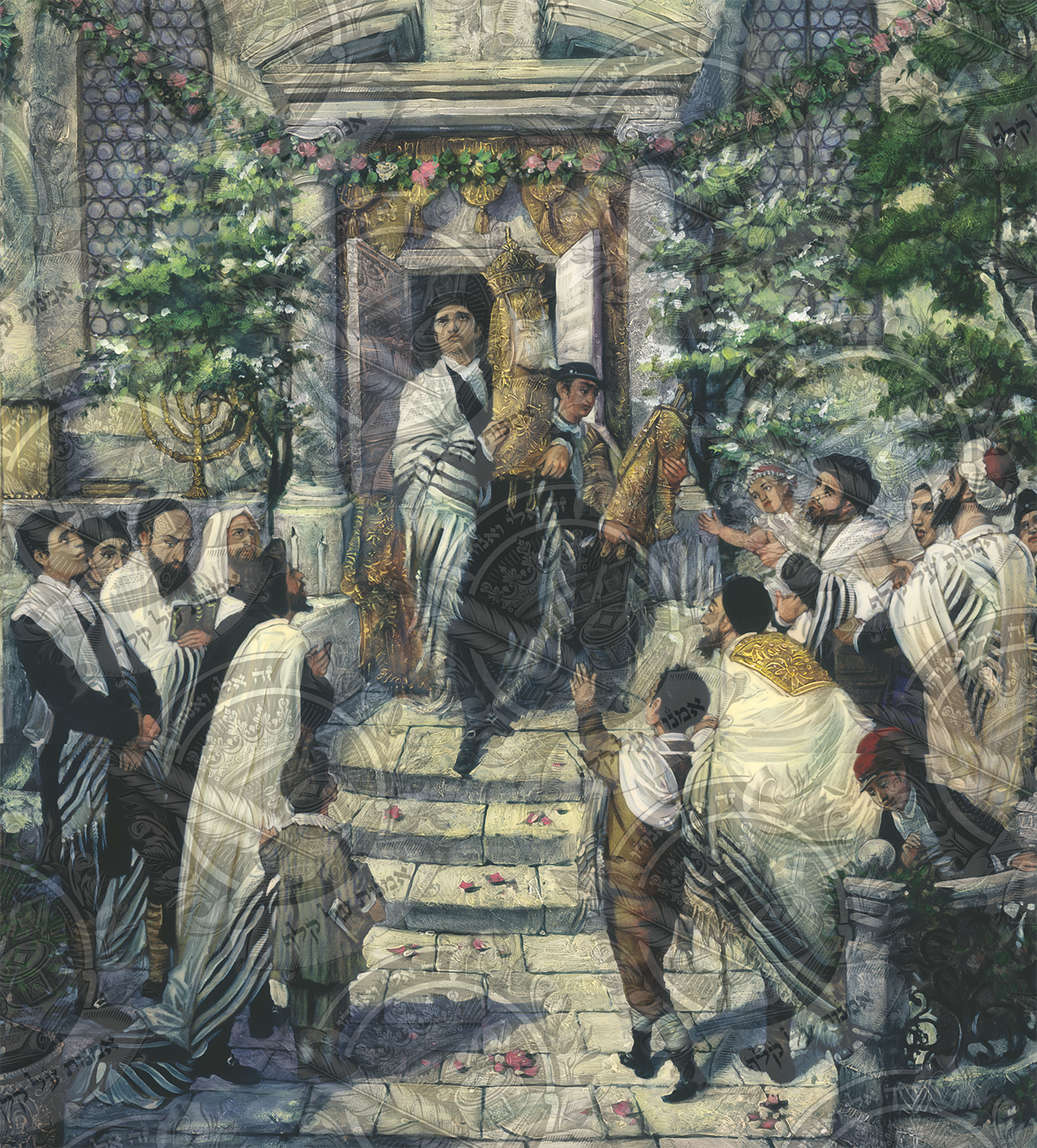 ציור של חג שמחת תורה מודפס על קלף