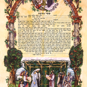 שטר כתובה - "חופה סוכה" - מגיע בשתי אפשרויות הדפסה: על קלף אמיתי או על נייר איכותי, שטר כתובה הניתן לכלה מידי החתן בטקס החופה