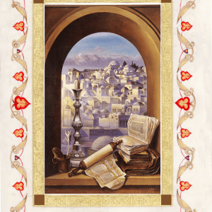 תשמישי קדושה בחלון ירושלמי, ציור מודפס על קלף או על קנבס